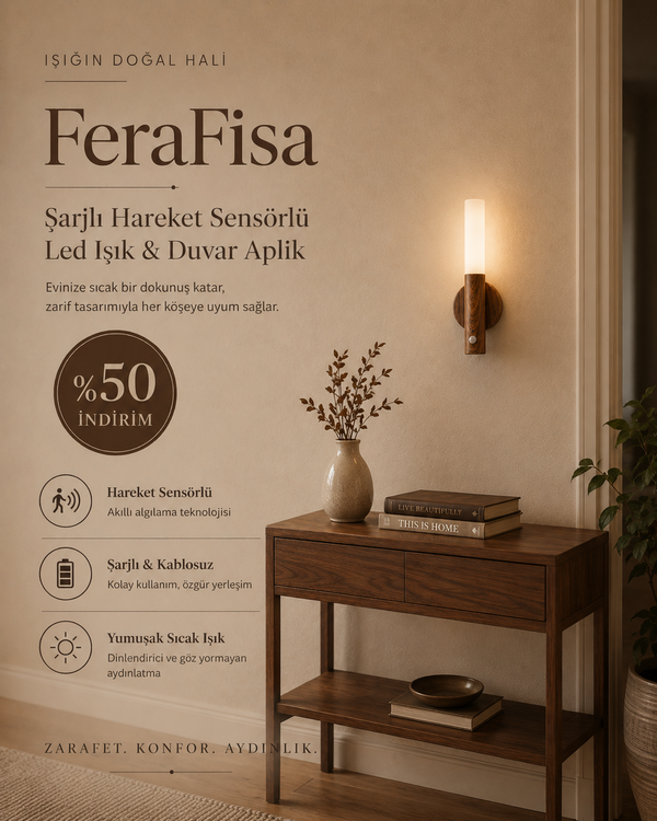 Şarjlı Hareket Sensörlü Duvar Aplik | FeraFisa